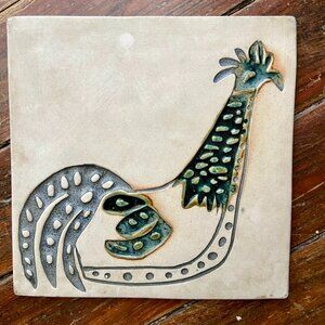 Vintage Bennington Vermont Potters Chicken Rooster Tile Trivet Wall 1534 Blue